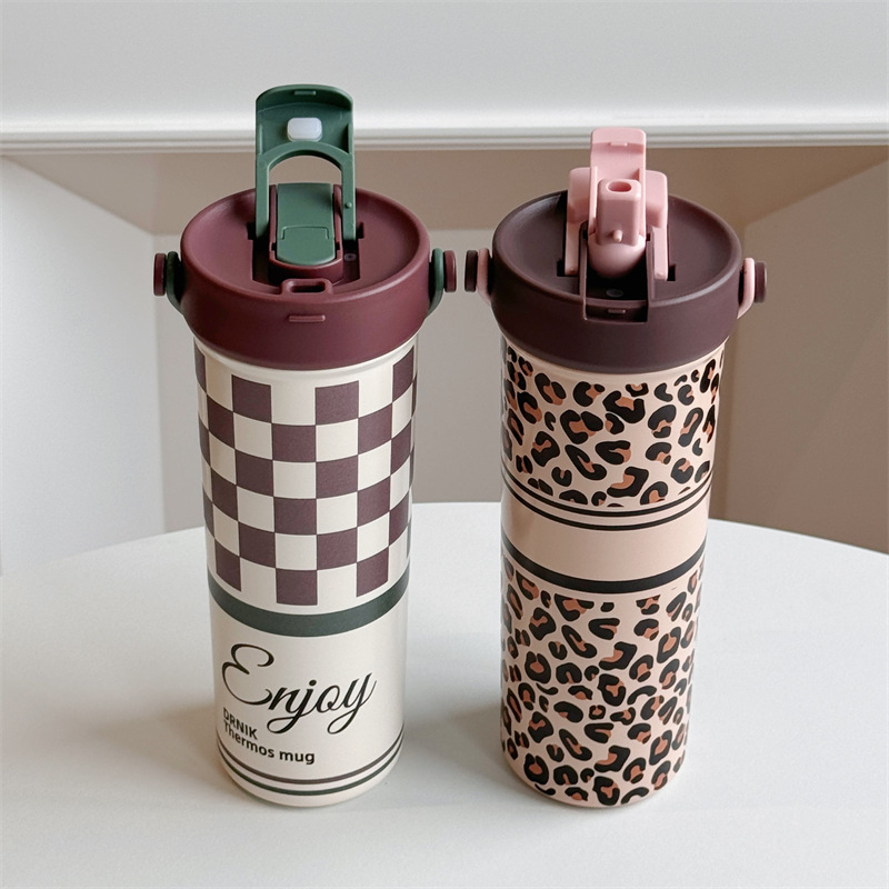 Ins-style retro double-drinking handle cup, portable stainless steel straw cup for going out, creative square student insulated water cup details Picture