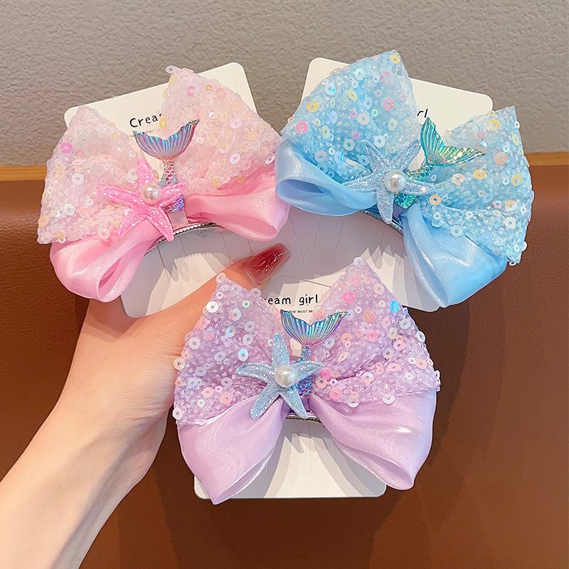 Princess sequined bow headwear for girls, children's hair clips, baby 3D mermaid hair clips, girls' performance hair accessories full figure