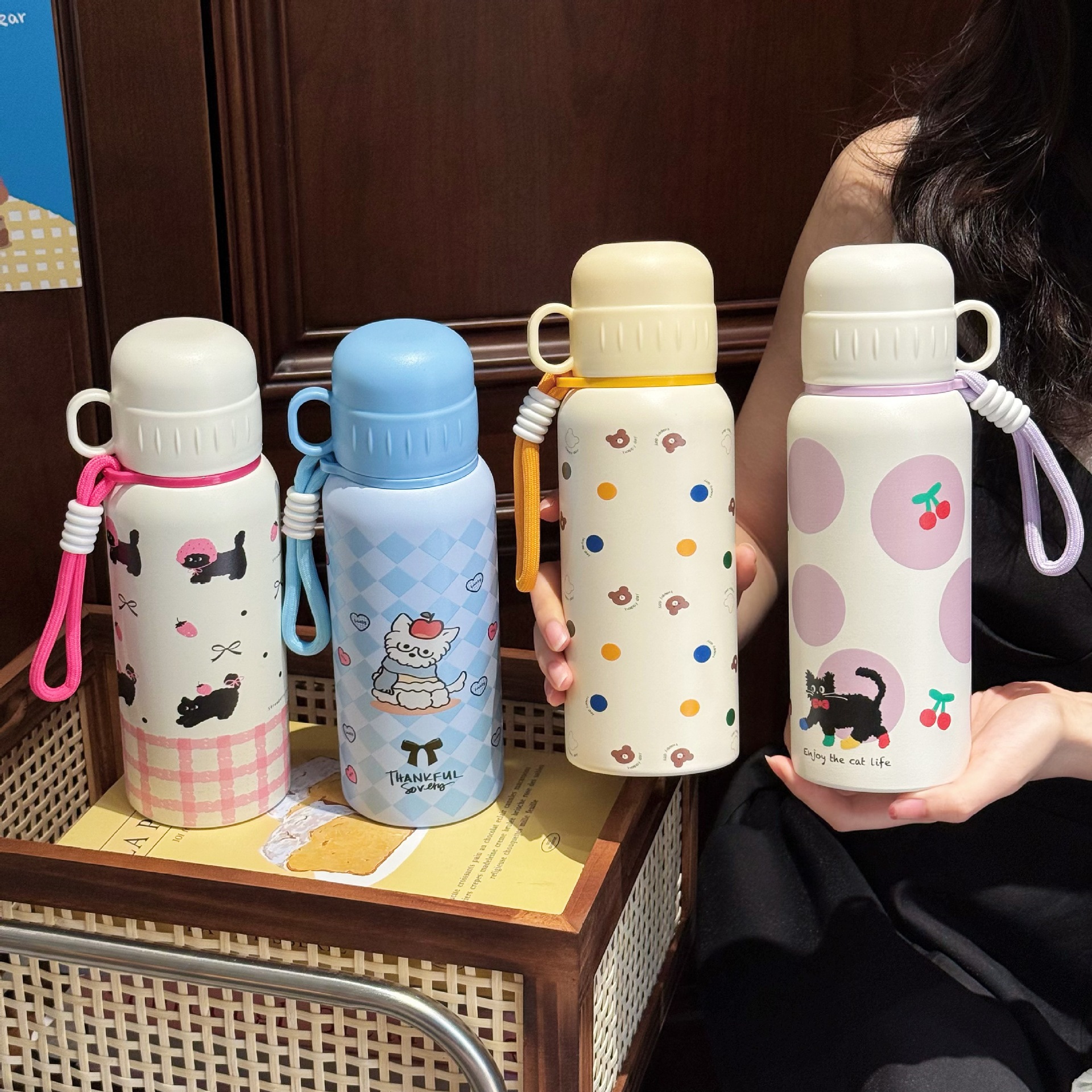New cup three-drink insulated cup, cute cartoon girls' water cup, portable for students to school, side pocket stainless steel cup details Picture