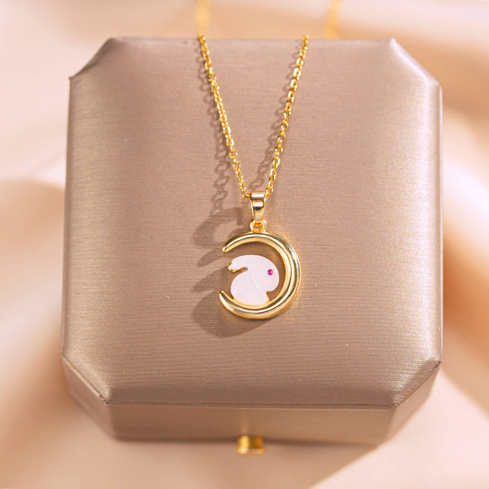 Japanese and Korean simple little rabbit titanium steel necklace, female moon jade rabbit pendant, Douyin same style, niche light luxury accessories wholesale full figure
