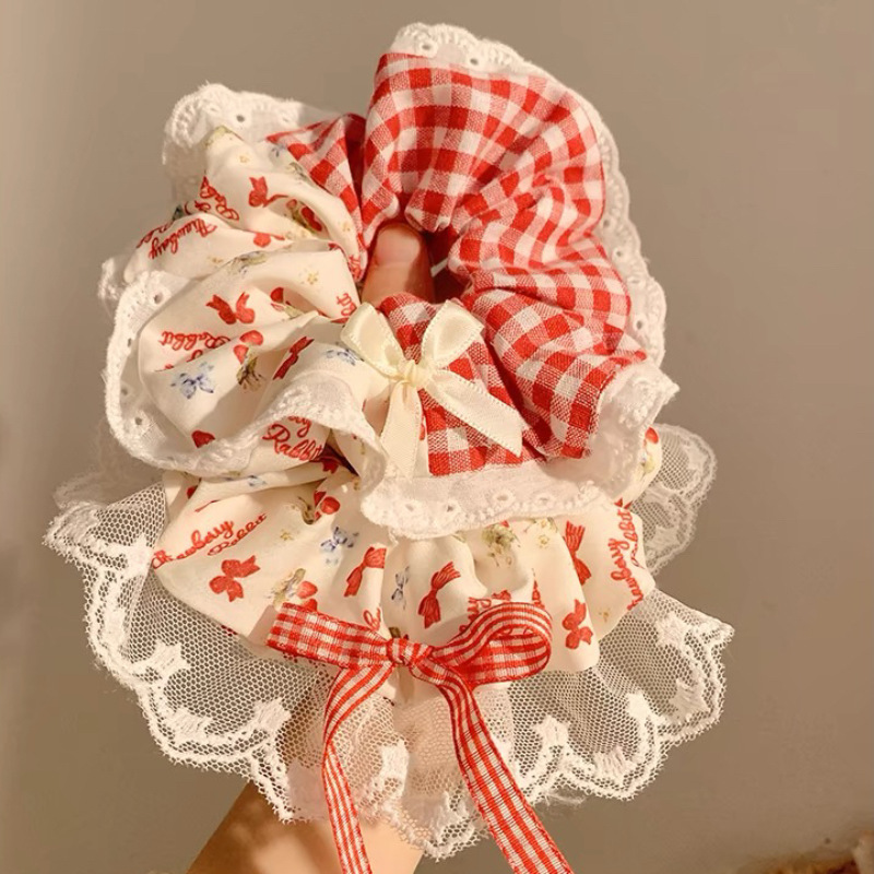 Red lace large intestine hair tie, fashionable bun hairstyle, cute matching 2025 spring, high elasticity, fluffy texture, exquisite quality full figure