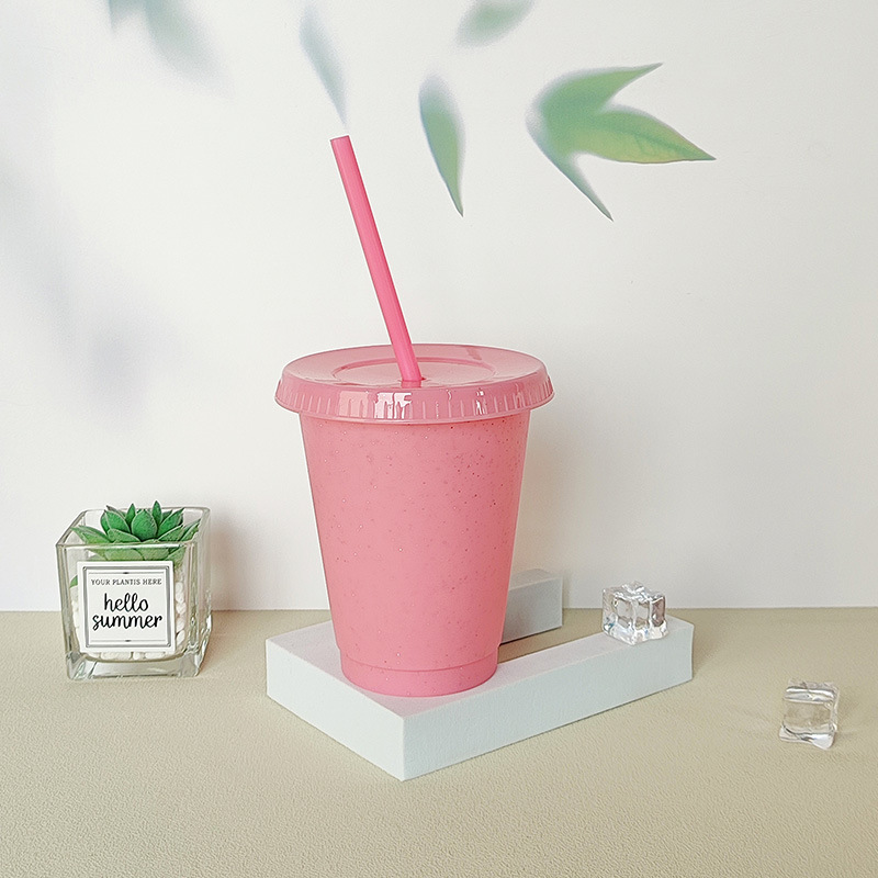 【 Processing and Customization 】 Plastic straw cup, small transparent beverage milk tea cup with lid, creative glitter cup details Picture