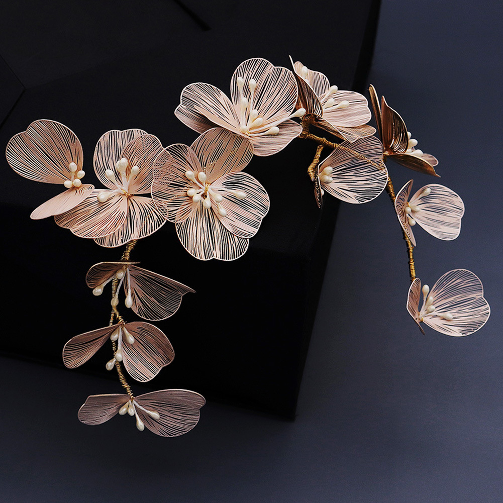 Handcrafted pearl headband, Korean-style elegant gold thread petal hair accessory set, bride's wedding headwear, Soo-hee dress headband Specification drawing