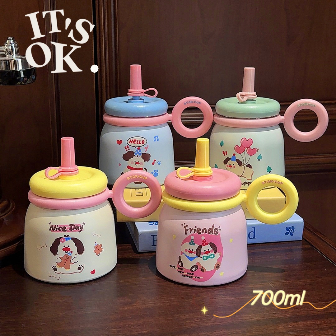 Cartoon cute desktop water cup for girls to make tea, office handle insulated cup, high appearance level, portable stainless steel straw cup details Picture
