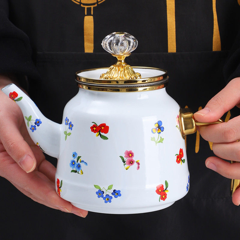 New high-end enamel tea and coffee brewing kettle with gold edge, featuring a mother and child pot, enamel pot, and electric stove Application Scenario