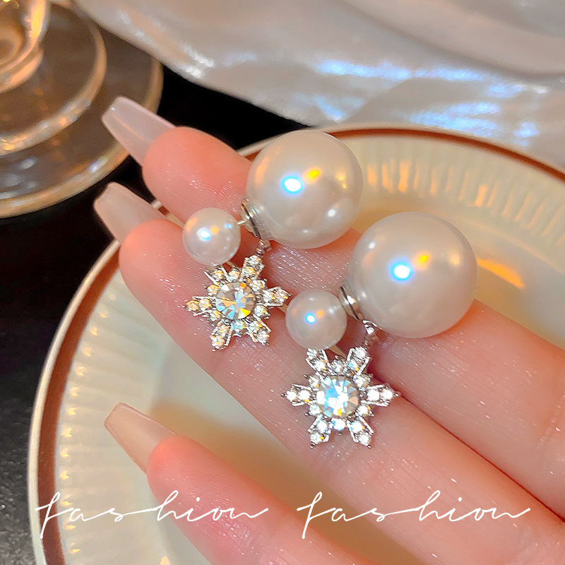 Rear-hanging octagonal pearl stud earrings for women, Japanese and Korean high-end earrings, unique and light luxury style, snowflake earrings and accessories Specification drawing