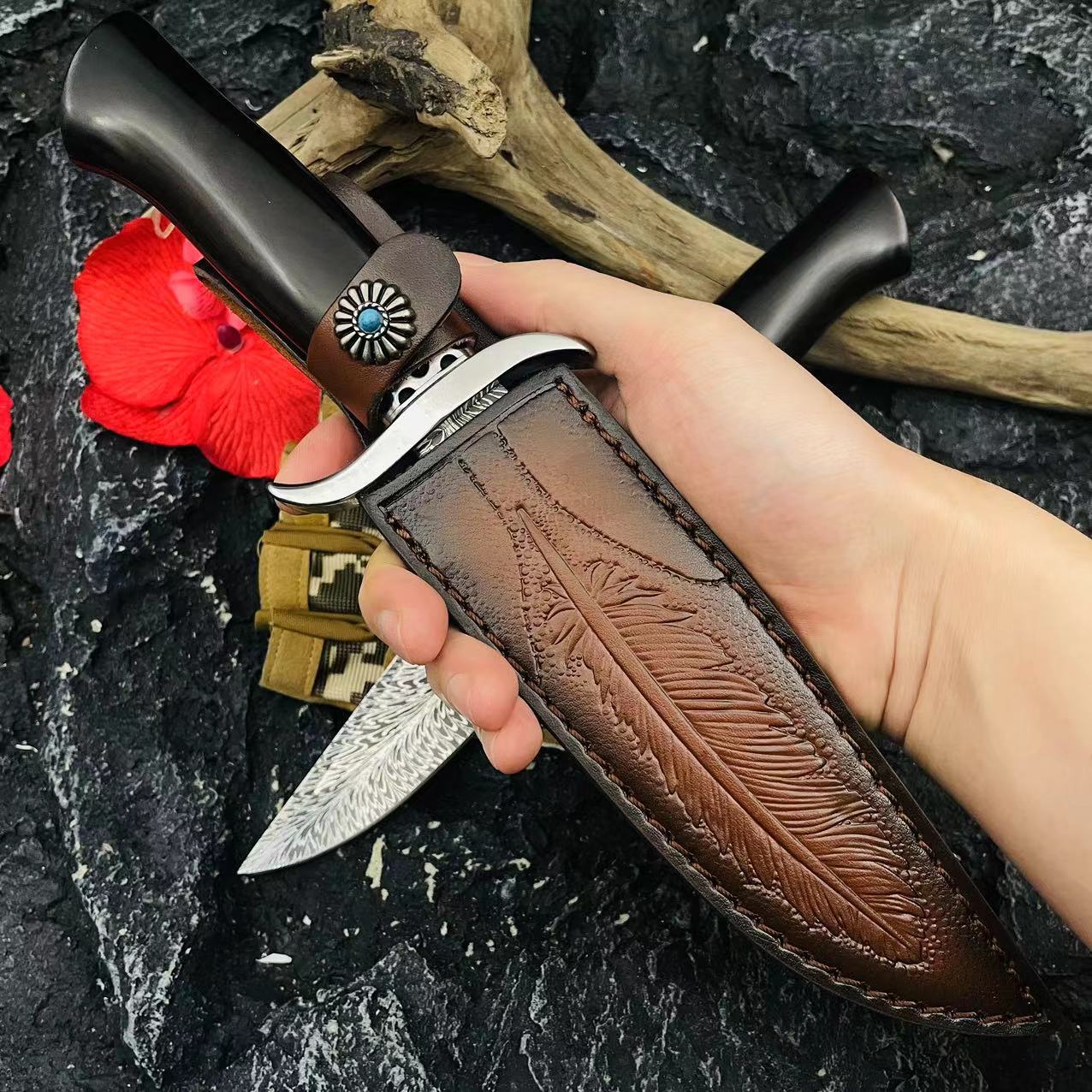 Boyi Hunter Straight Outdoor multi-functional straight knife with double hand guards for self-defense, sharp fruit knife, high-end collectible, gift and decorative item undefined