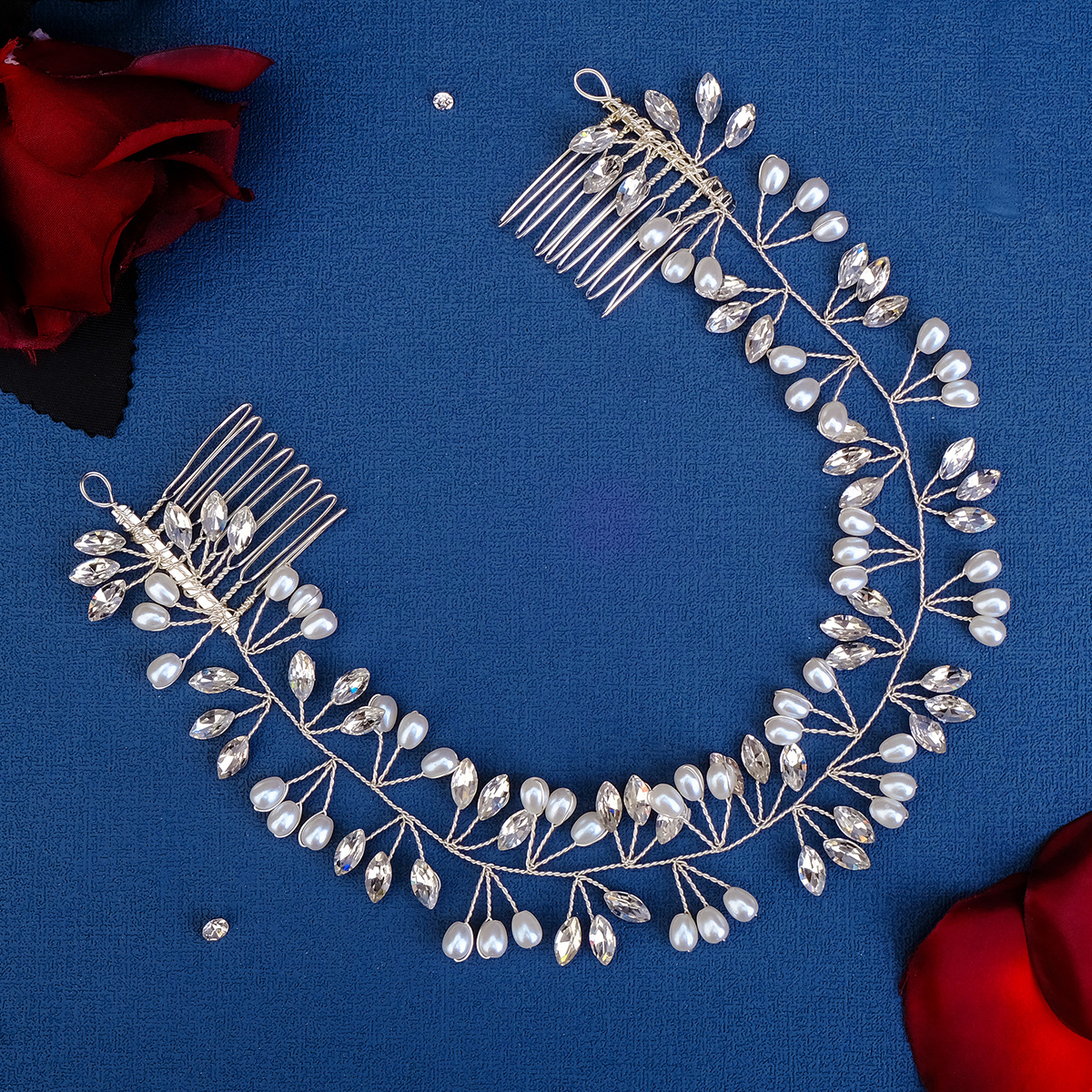 Cross-border new headwear, pearl water diamond hair comb, ancient-style photo album hair accessories, wedding hair accessories, handcrafted bride's hair comb details Picture