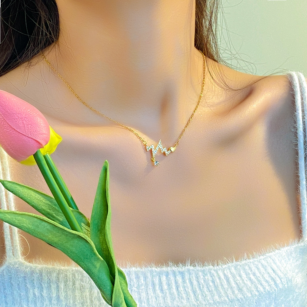 A light luxury full-diamond electrocardiogram heart-shaped pendant titanium steel necklace, a niche design sense for women, a popular collarbone chain fashion accessory Application Scenario