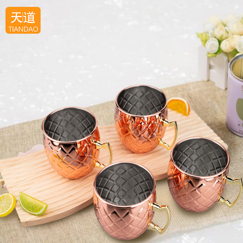 Creative pineapple pattern 500ml cocktail cup set, hammered copper cup, stainless steel Moscow mule cup, beer mug Specification drawing