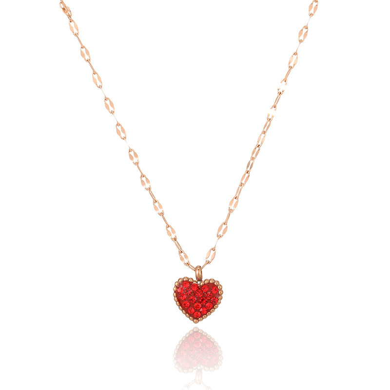 The small red heart titanium steel necklace for women does not fade. It is a black and red double-sided full diamond heart-shaped pendant. It is a popular heart-shaped necklace with a unique personality Item Picture