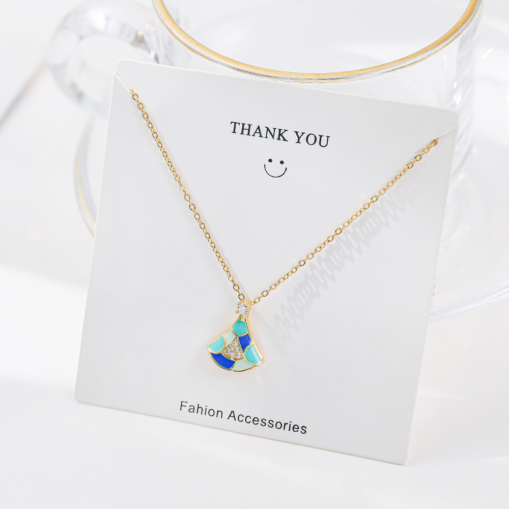 Korean-style colorful oil-dripping dress necklace for women, simple 18k gold-plated design sense fan-shaped collarbone chain titanium steel jewelry details Picture
