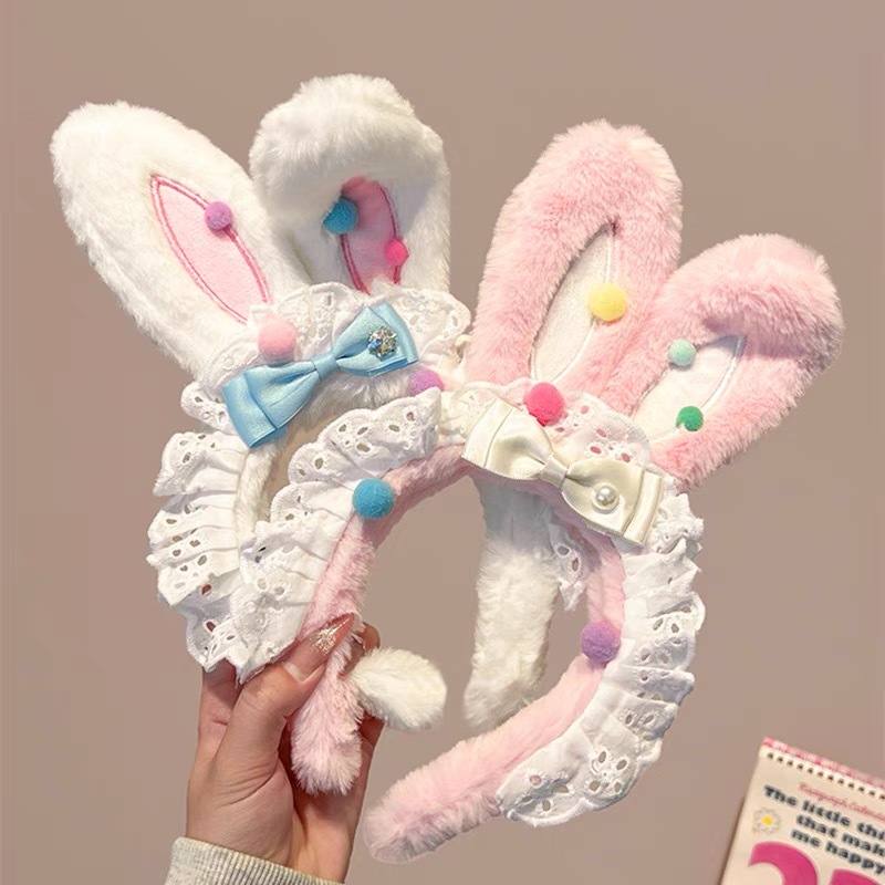 Strawberry jade rabbit, cute pink rabbit ears, lace plush hair band, women's face washing, makeup, photo taking hair accessory, sweet headband details Picture
