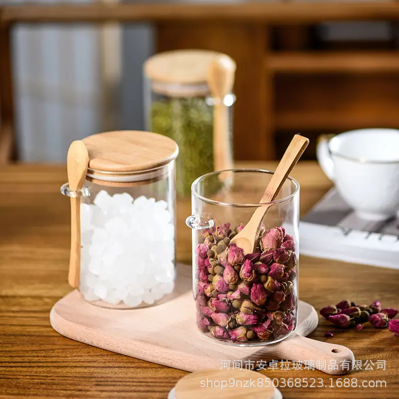 Customized round seasoning jar set, transparent glass storage jars for kitchen organization, sugar jars, tea storage jars with spoons Application Scenario