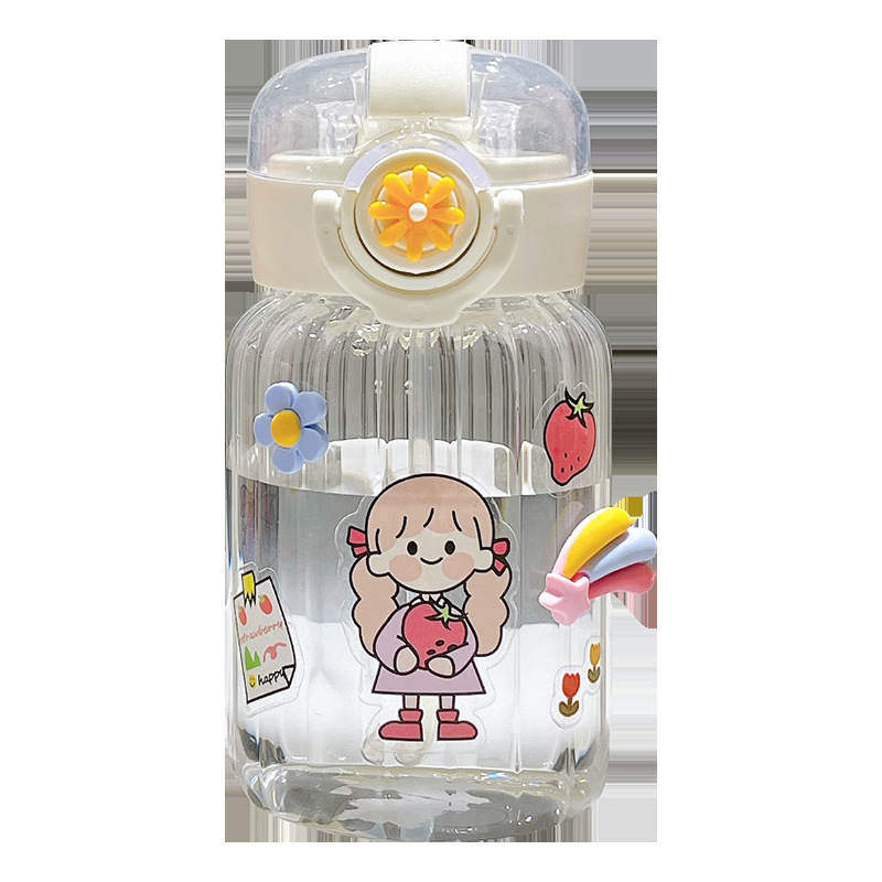 Glass straw cup, ins style creative vertical pattern forest-themed fresh water cup, portable leak-proof, high-temperature resistant, pop-up lid, portable cup Item Picture