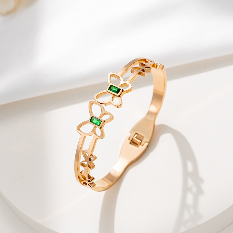 The non-fading hollowed-out green diamond butterfly titanium steel bracelet is a fashionable and versatile light luxury wristband for women. It is a simple and elegant internet-famous jewelry Application Scenario