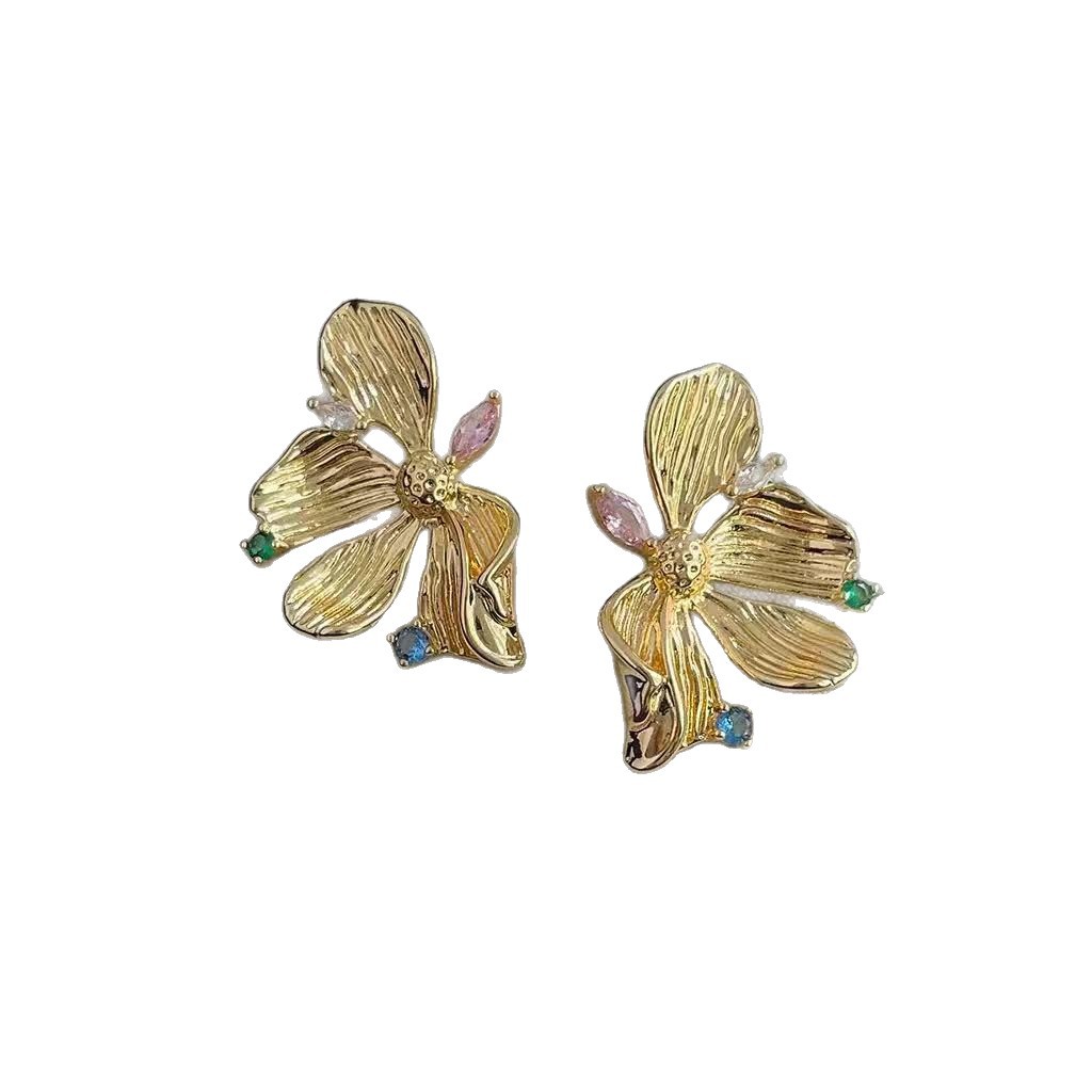 Super fairy-like French retro colored zircon golden flower earrings for women, 2025 new style, high-end and light luxury stud earrings Item Picture