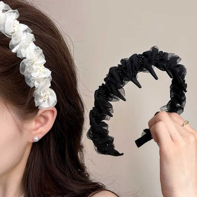 Sweet mesh pleated beaded headband, elegant inverted anti-slip headband, toothed hair tie, hair accessory, high-end headwear Specification drawing
