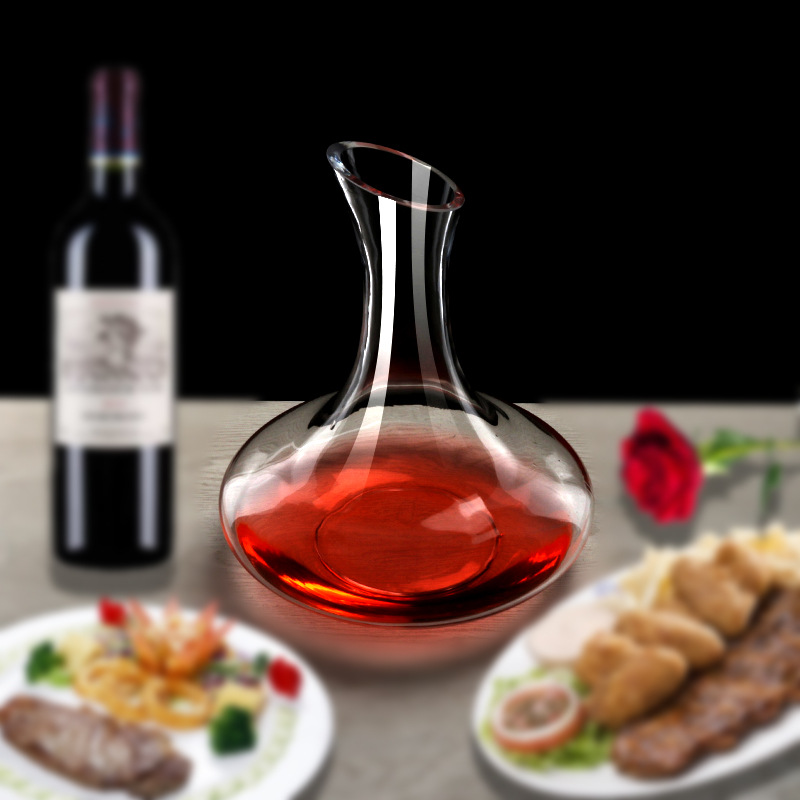 Wholesale glass wine decanters with large bellies and slanted mouths, wine pouring vessels, and wine accessories available with logos full figure