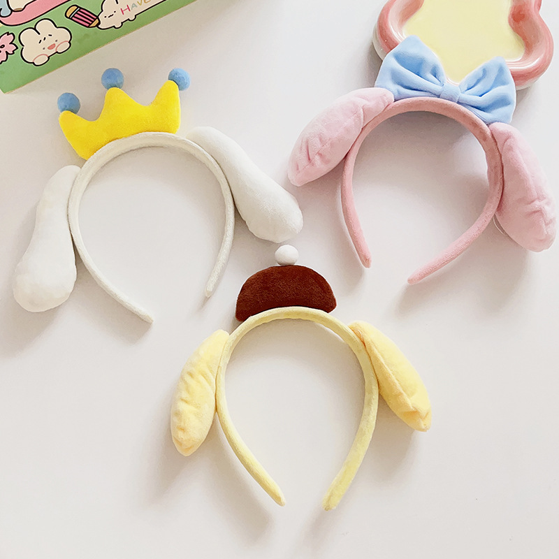 Cartoon crown cinnamon dog hairband, female bow headband, cute plush headwear, ear-hanging rabbit hairpin, face wash hair accessory full figure