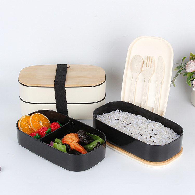 Japanese-style wooden lid double-layer portable lunch box, microwave-safe compartment-insulated lunch box, wheat bellflower sealed lunch box Application Scenario