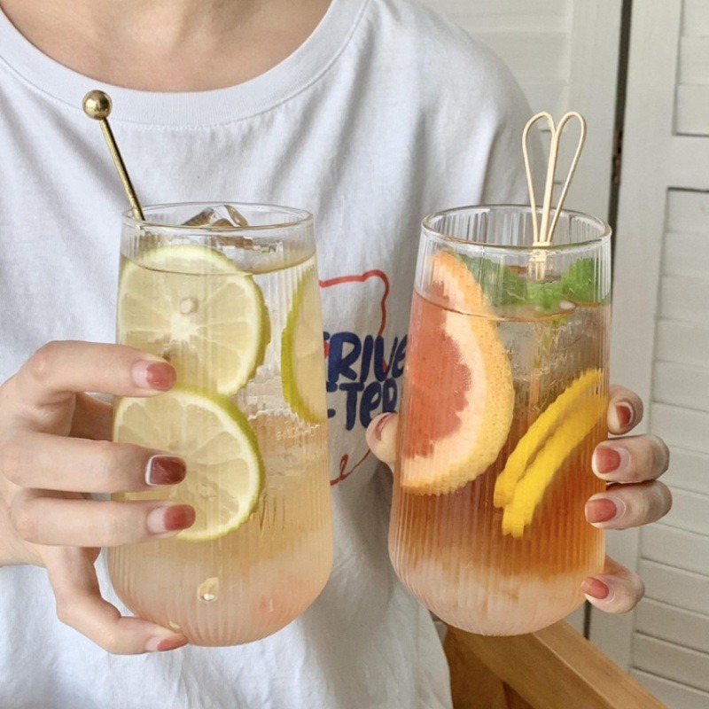 Creative and fresh vertical pattern glass cup, ins high appearance level fruit tea cold drink cup, large-capacity coffee cup, sparkling cola cup details Picture