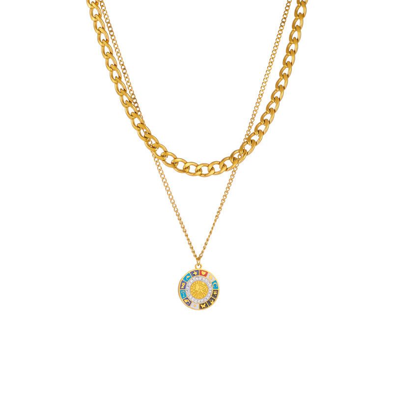 European and American cross-border gold-plated stainless steel round plate oil-drip printed pattern pendant chain double-layer stacked personalized necklace Item Picture
