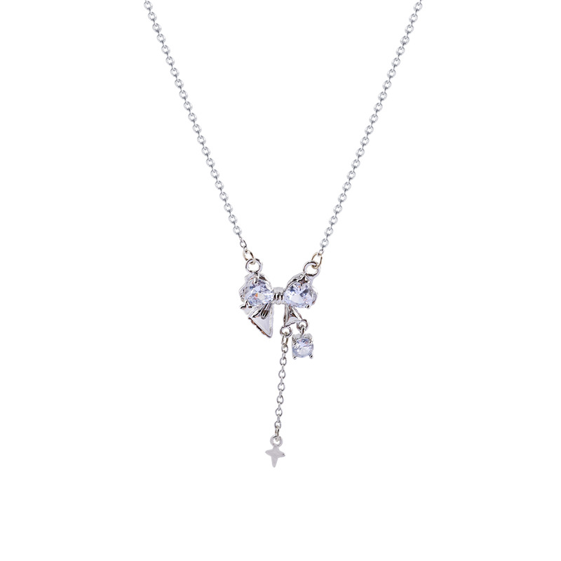 Wholesale of the 2023 autumn new bow zircon pendant necklace with a cold and elegant style for women, versatile collarbone chain Item Picture
