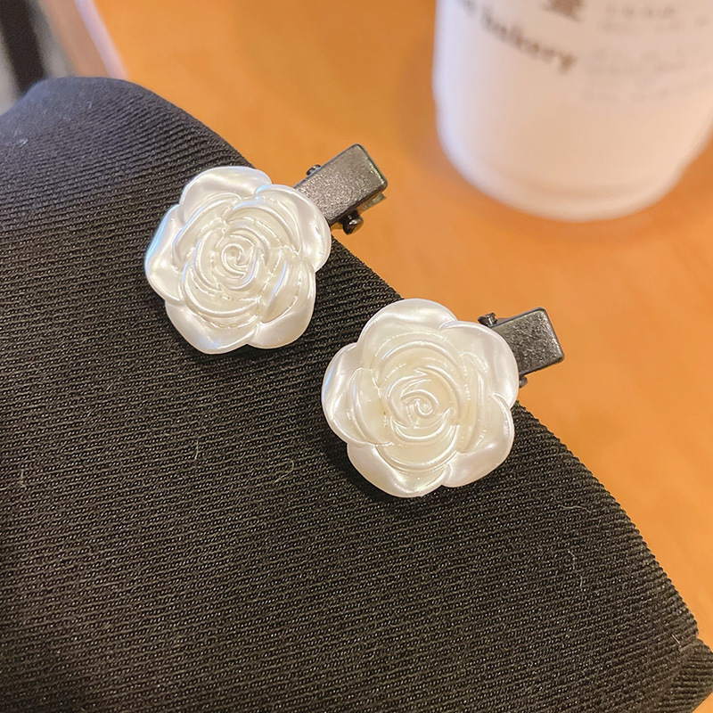 Spring Burnt agarwood rose hairpin, elegant bangs, flower hairpin, Japanese-style side camellia hair accessory, duckbill hairpin for women details Picture