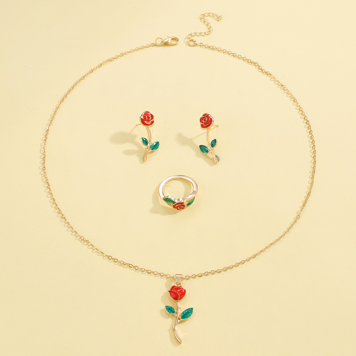 Light luxury glazed rose stud ring necklace three-piece jewelry set, women's fashionable and high-end European and American accessories Specification drawing