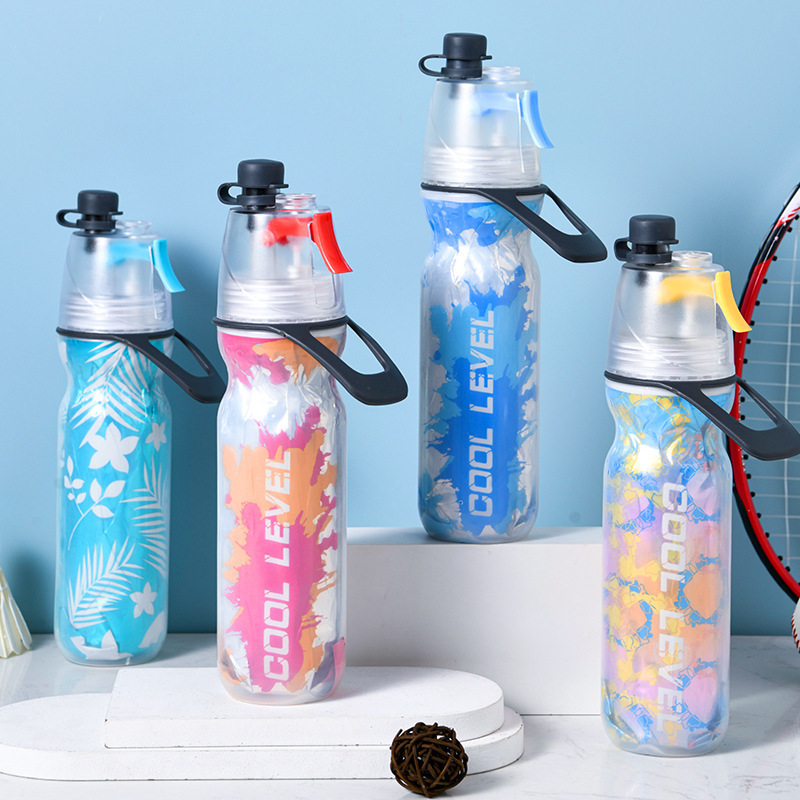 Portable ring PE popular spray cup, multi-functional outdoor sports spray water bottle, double-layer cross-border cold insulation spray water cup full figure