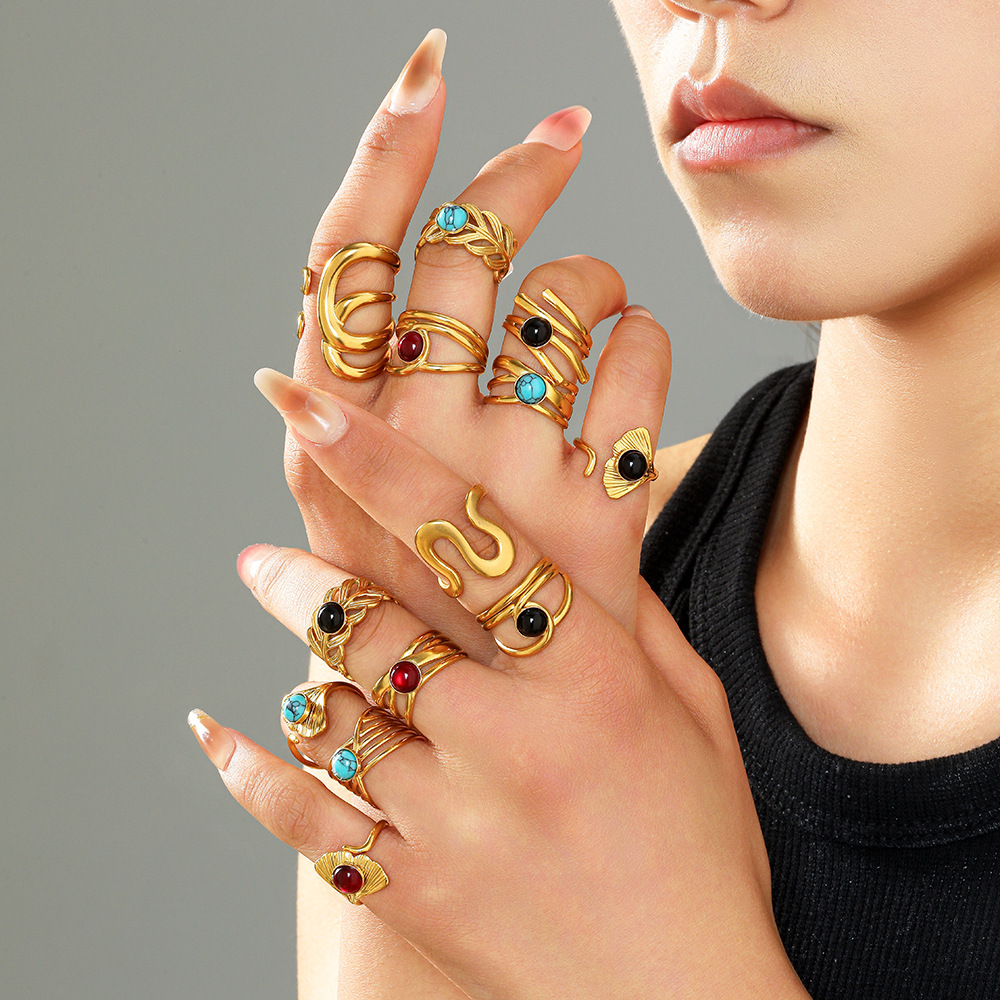 New stainless steel plant vein light luxury ring for women, natural style, anti-color fading, a cross-border bestseller in Europe and America, an Instagram hit Specification drawing