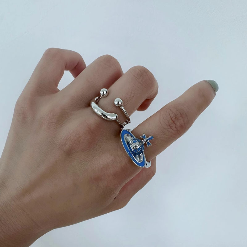 Empress of the West, three-dimensional Saturn enamel drip oil vapor ring, double-layer smiling face, ins opening adjustable ring trend details Picture