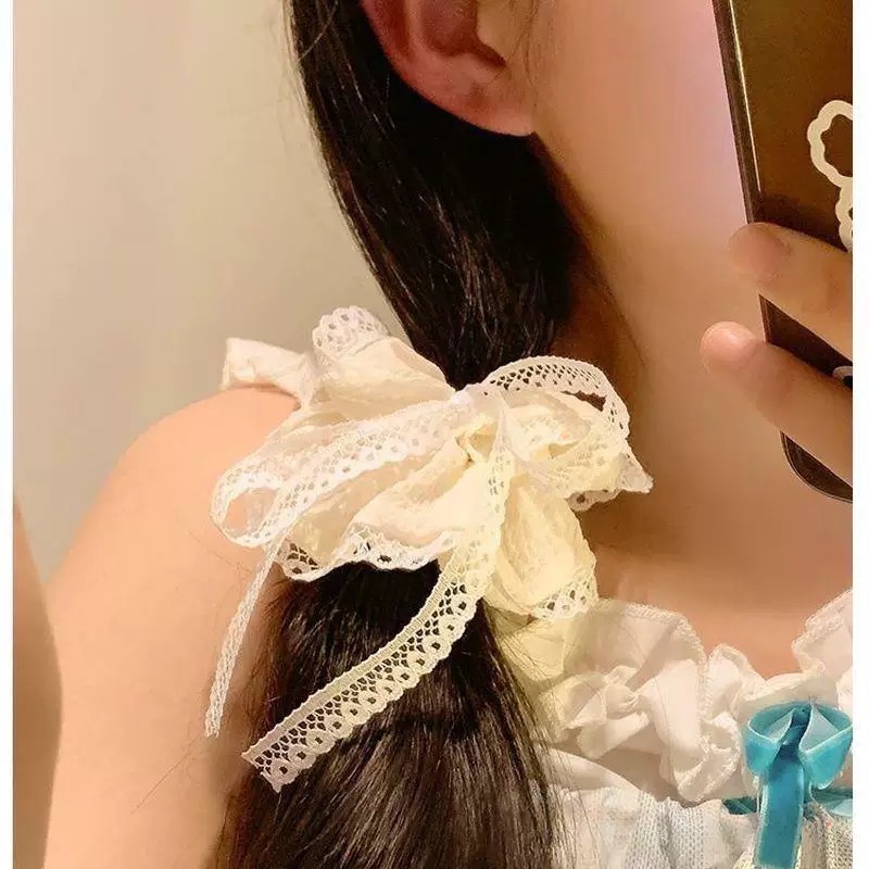 Korean-style gentle bow, large intestine hair band, high-end feminine pink ribbon, lace ribbon, hair rope, hair accessory and headwear Application Scenario