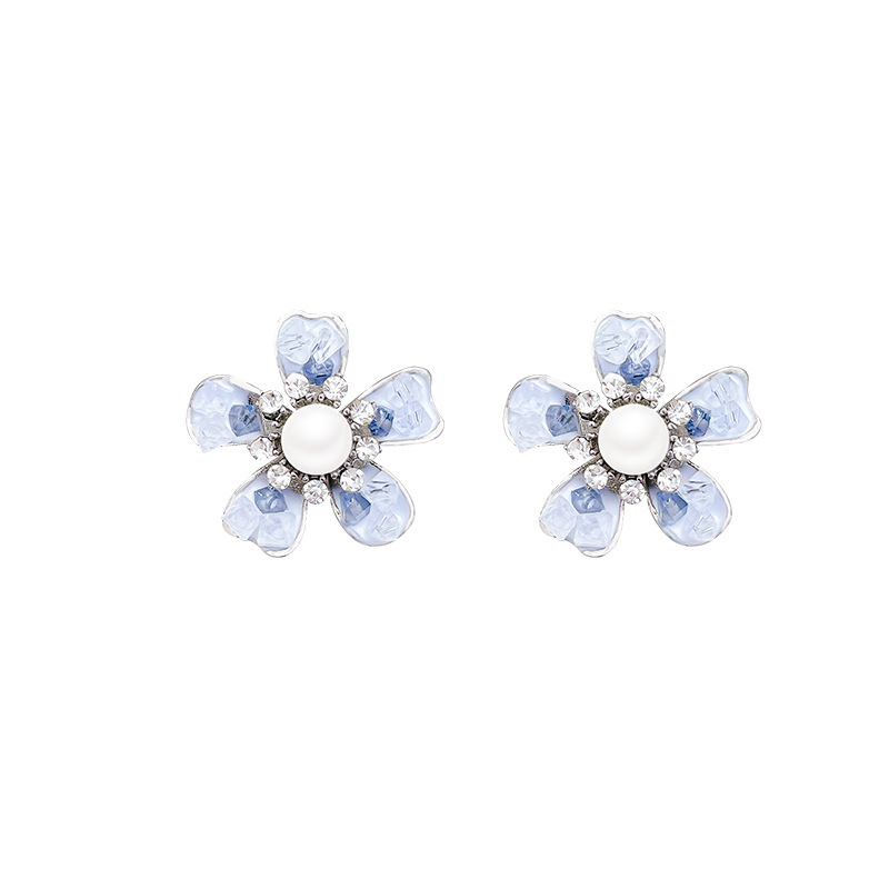 Blue gradient flower pearl earrings for women, cool, niche and high-end style earrings, light luxury, unique and best-selling earrings wholesale Item Picture