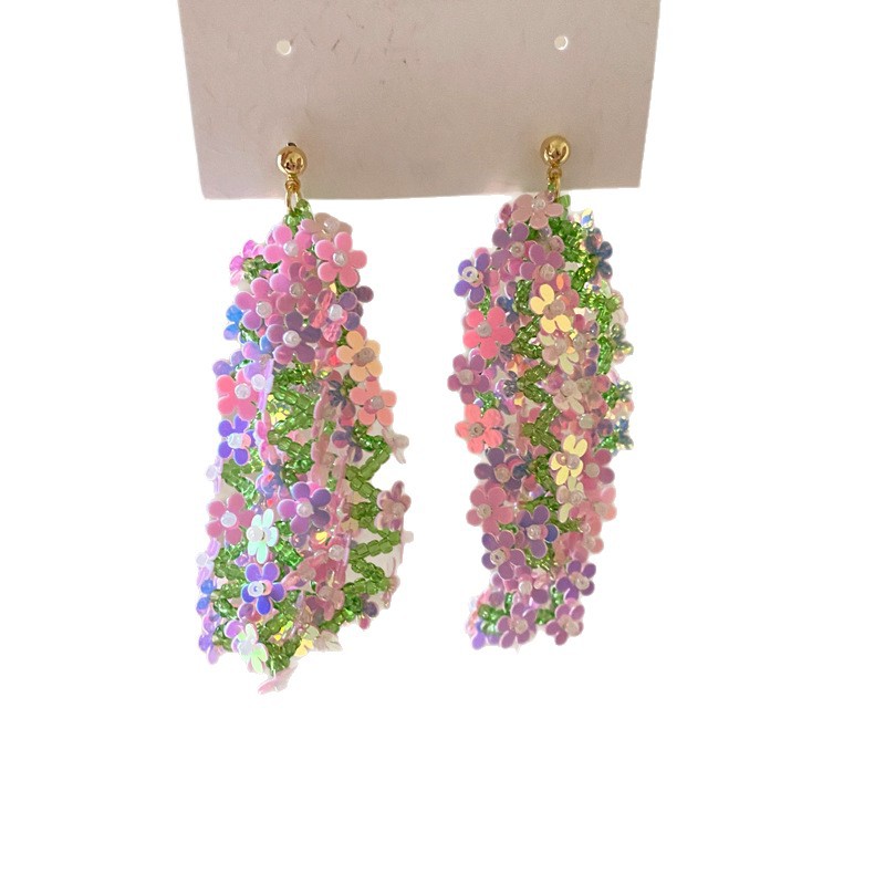Super ethereal long tassel flower earrings, women's forest vacation style sequined floral stud earrings, wholesale of popular earrings Item Picture