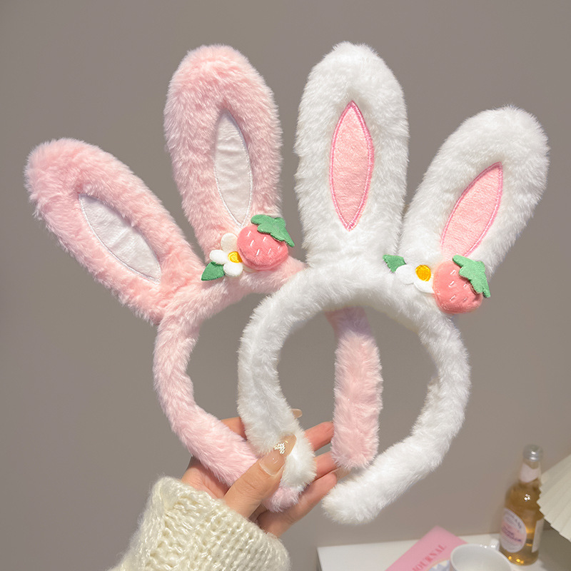 Cute strawberry flower rabbit ear hair band, women's winter plush hair pressure headband, children's hair tie, hair clip headwear full figure