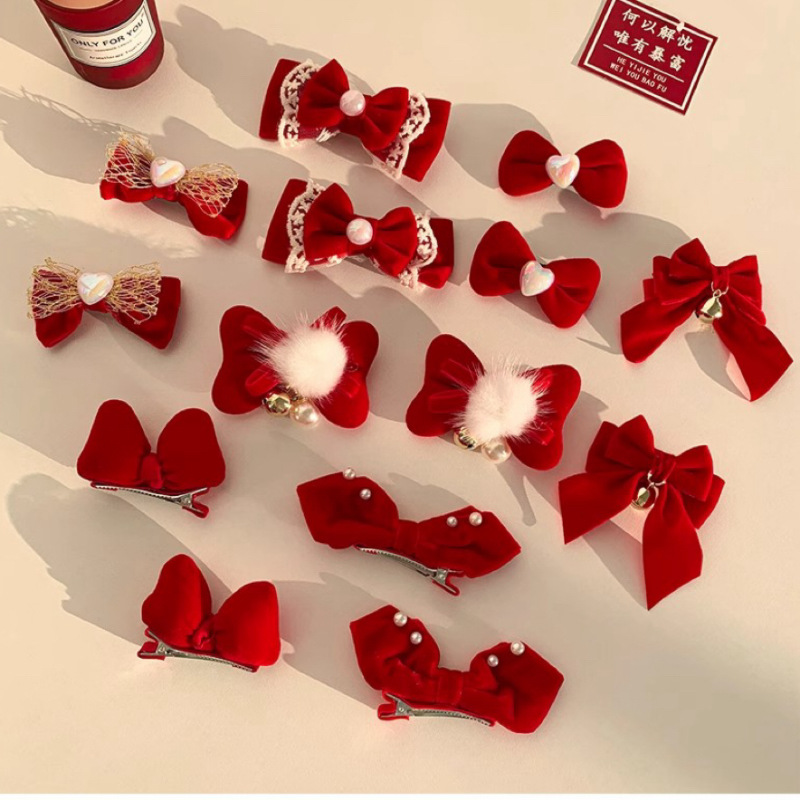 New Year's bow hair accessory, women's red hair clip, princess style overhead clip, high-end and elegant, versatile clip headwear details Picture