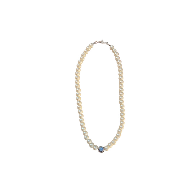 French retro style S925 pure silver aquamarine pendant necklace, women's fashionable light luxury natural freshwater pearl collarbone chain Item Picture