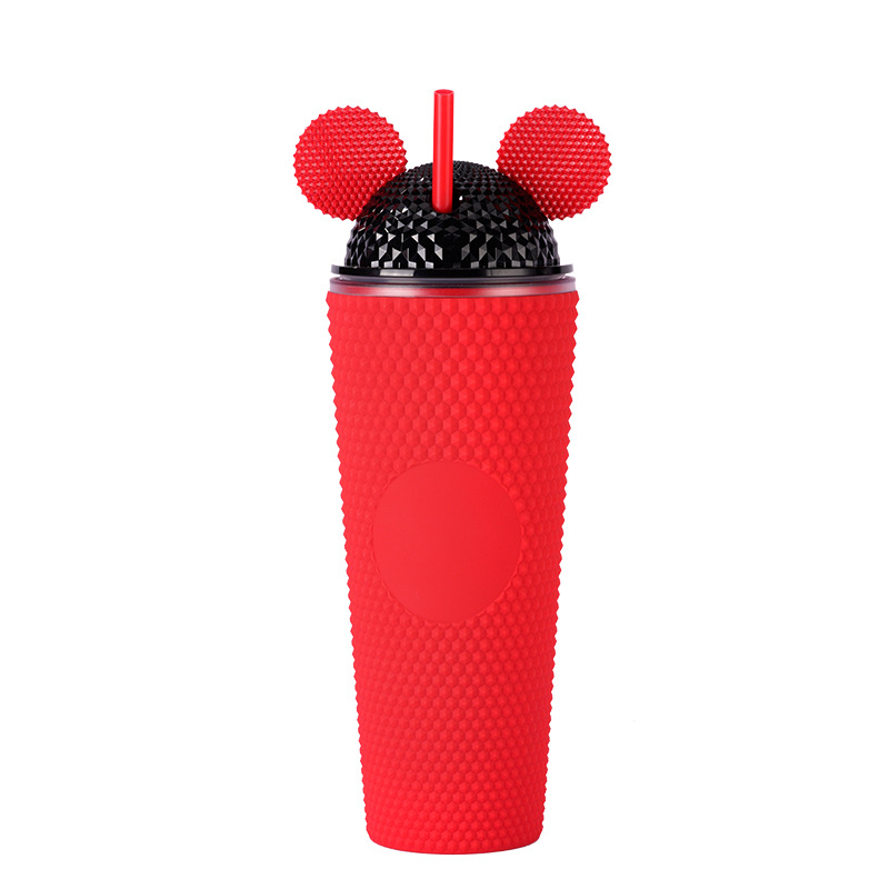 New cross-border Amazon double-layer plastic straw cup, large-capacity creative sharp hand cup, portable cat ear cap durian cup Specification drawing