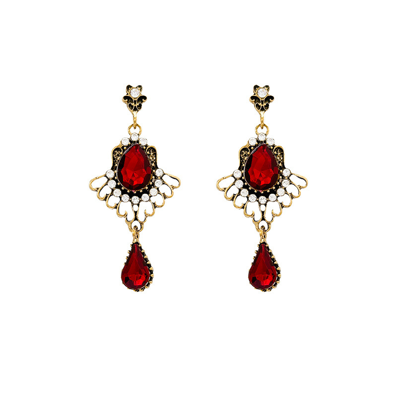 Bohemian red teardrop earrings, a retro court-style imitation ruby stud earrings, long and unique in style Item Picture