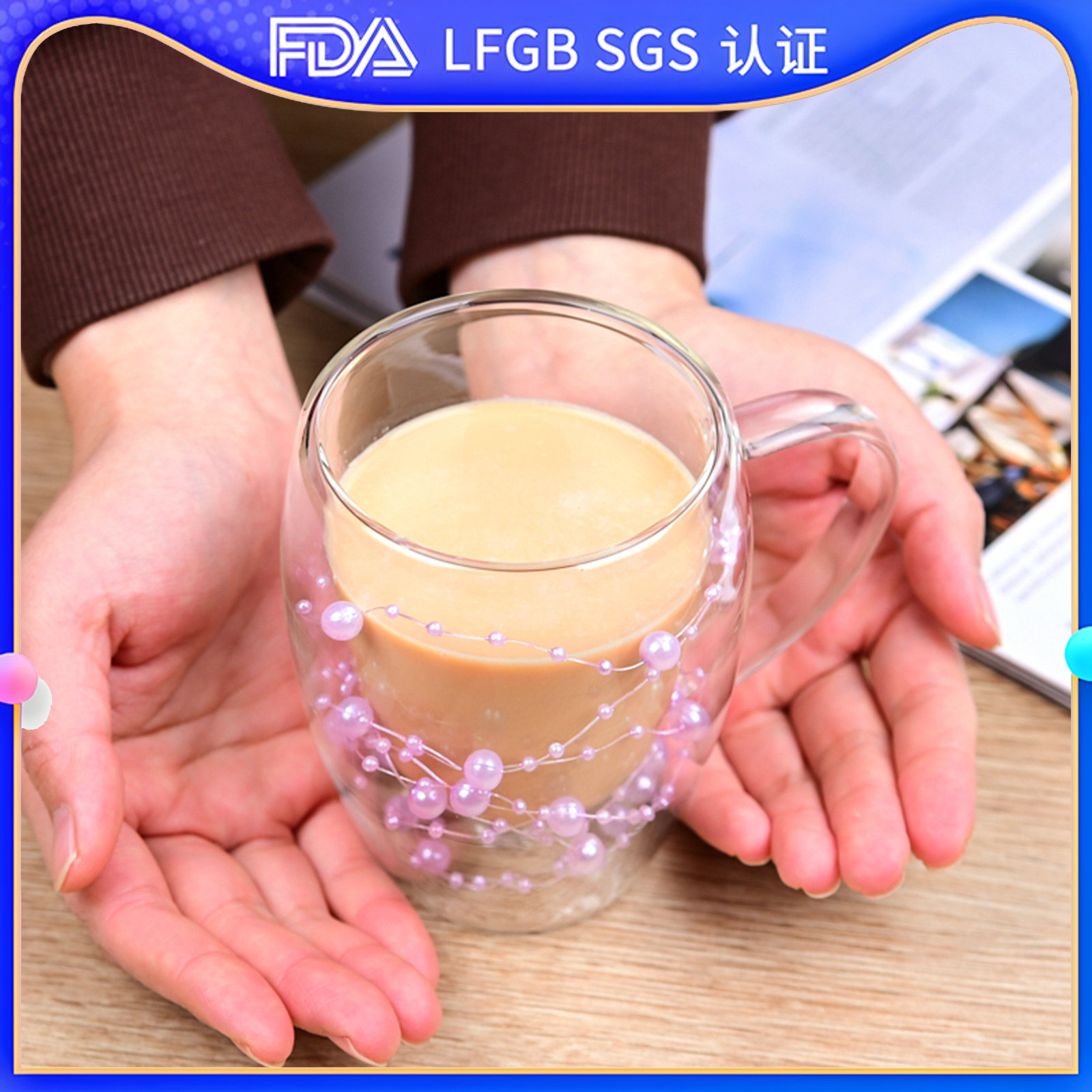High borosilicate glass insulated double-layer glass cups for home coffee cups with handles and built-in bubble milk tea beverage cups are available full figure
