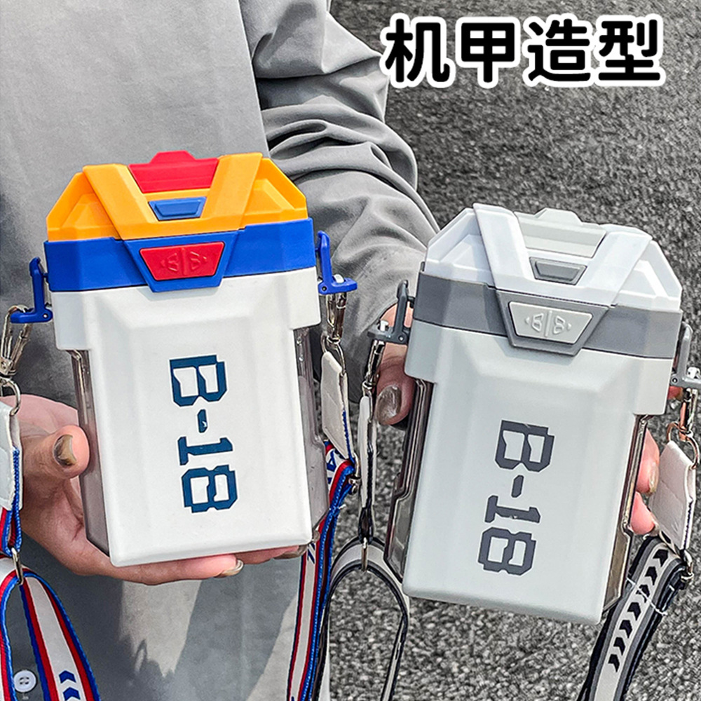 Creative mecha water cup tritan, high appearance level, student straw cup, double drinking, boys' outdoor slanted cross plastic cup Specification drawing