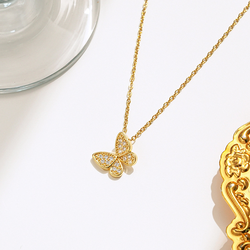 Fashionable little butterfly three-piece titanium steel necklace for women, light luxury and versatile, with zircon stud earrings and a high-end accessory details Picture