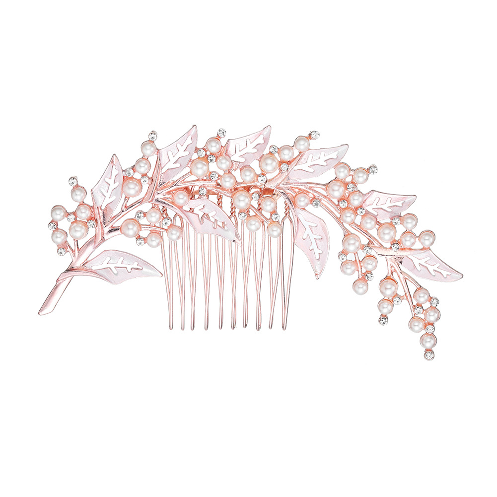 European and American InS-style wedding dress headwear, cross-border alloy hollowed-out leaf hair comb, pearl water diamond updo hair comb Item Picture