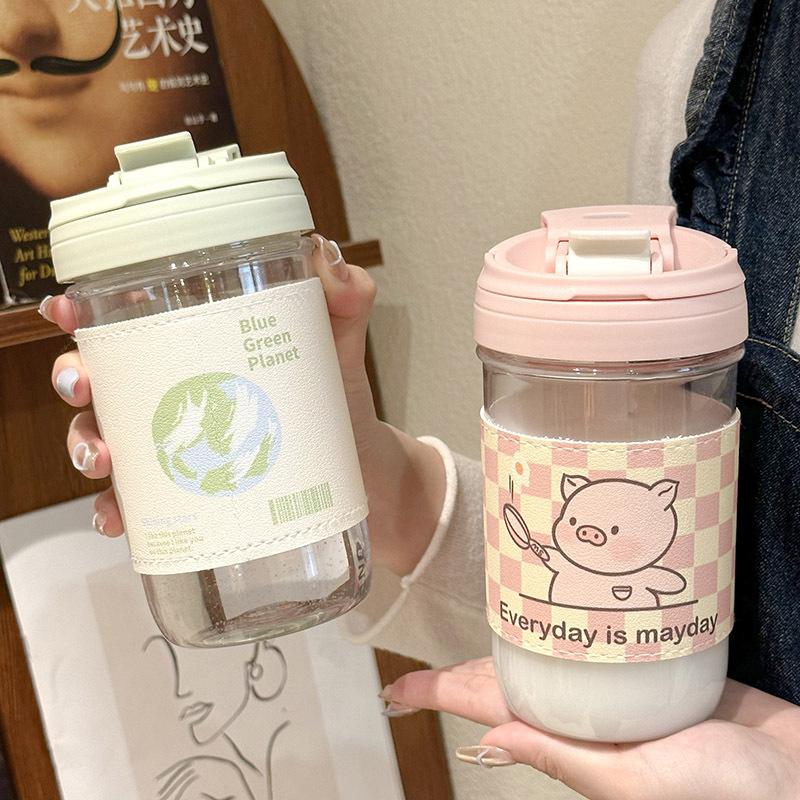 New ins cute leather case for female office workers, portable straw cup, large-capacity double-drinking cup full figure