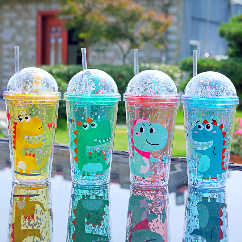 The manufacturer's new summer double-layer cartoon creative straw cup is a popular portable and cute children's dinosaur figurine cup details Picture