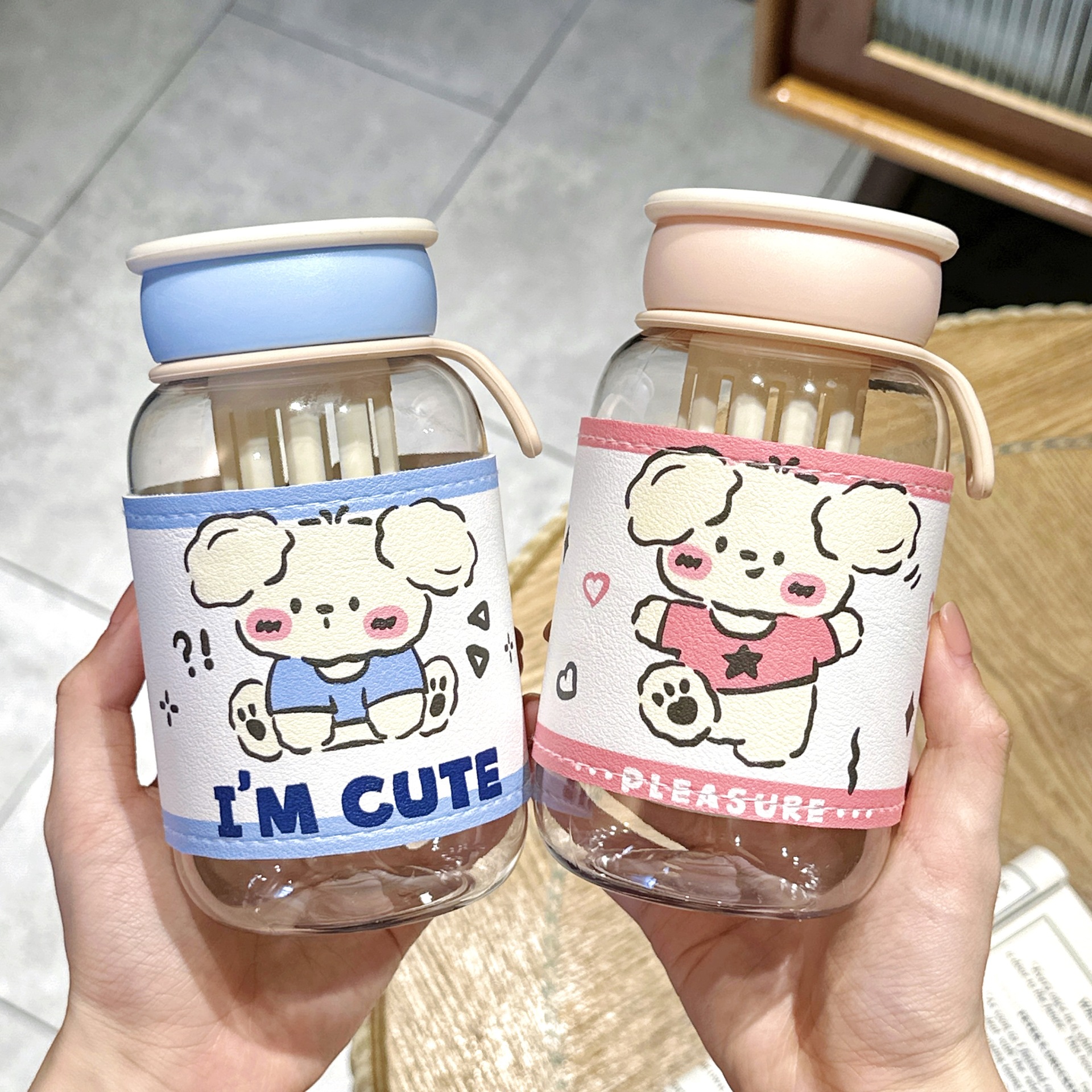 Cute flower tea cups with leather cases, small plastic cups for girls, anti-scald for students, summer direct drinking tea cups wholesale Specification drawing