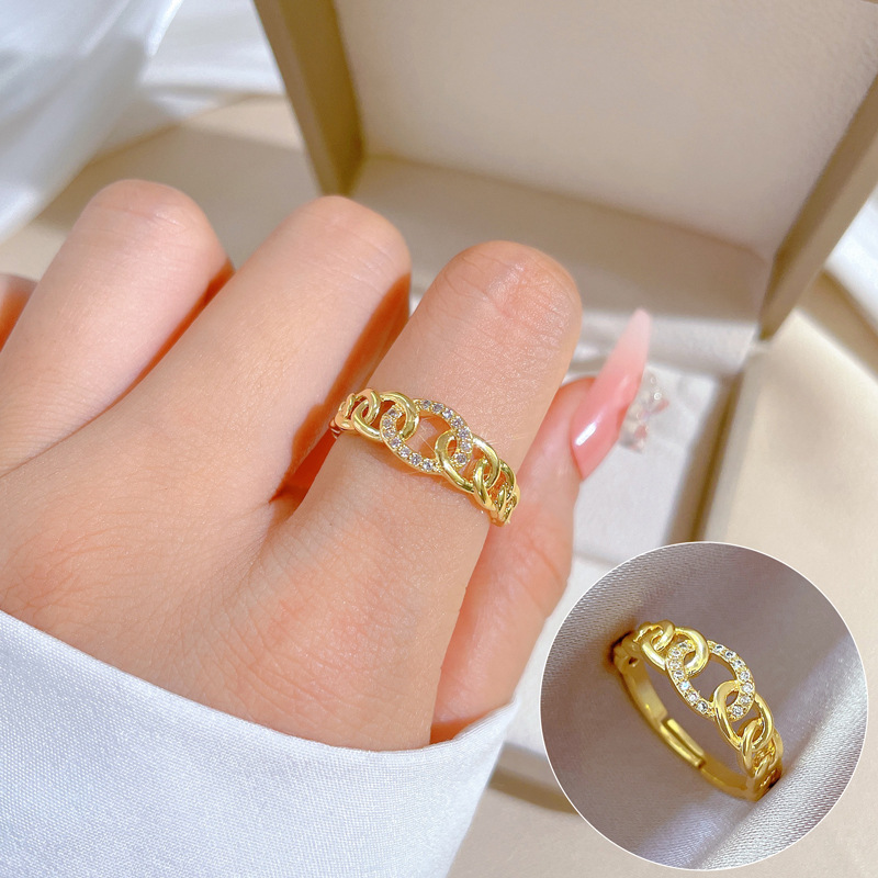 【 Real Gold 】 Light luxury chain Full diamond ring with adjustable opening, simple jewelry, Japanese-style ring couple rings full figure