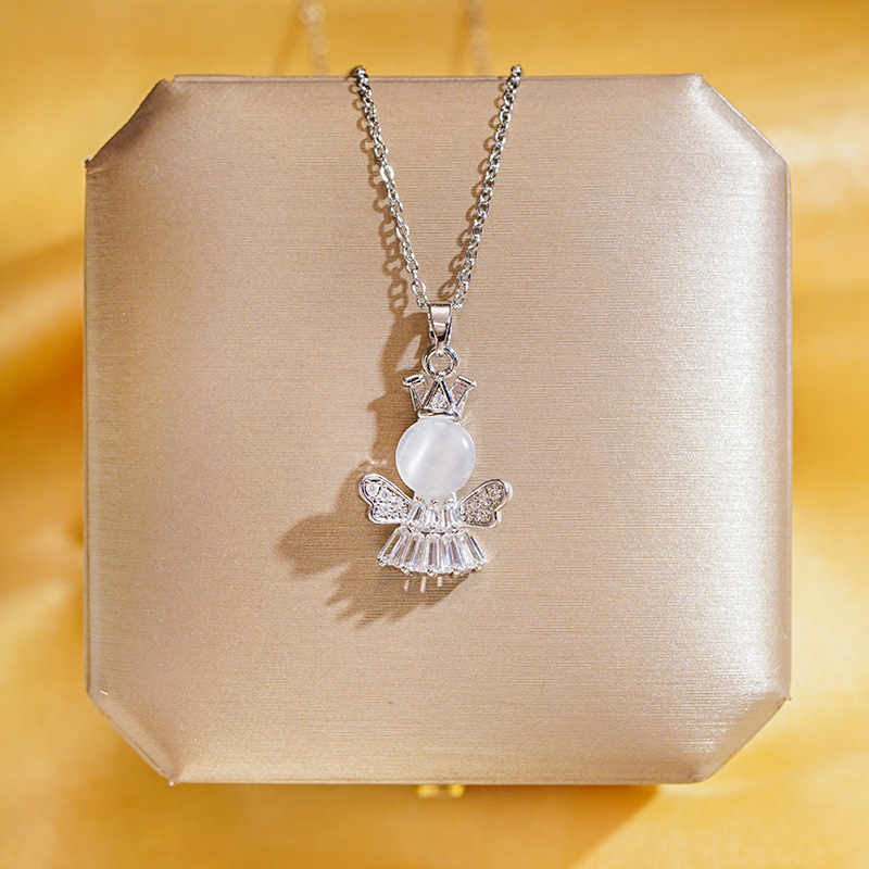 Wholesale of fashionable and light luxury cat's eye stone crown angel necklace for women, studded with diamonds, zircon pendant, titanium steel collarbone chain details Picture